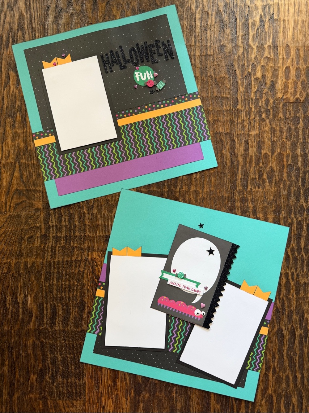 Handmade Halloween 12x12 Premade Scrapbook Page Photo Ready Embellished Set of 2